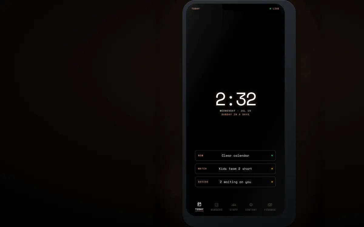 The Watchman mobile app, the Today screen on a phone: clear calendar, kids team two short, two waiting on you